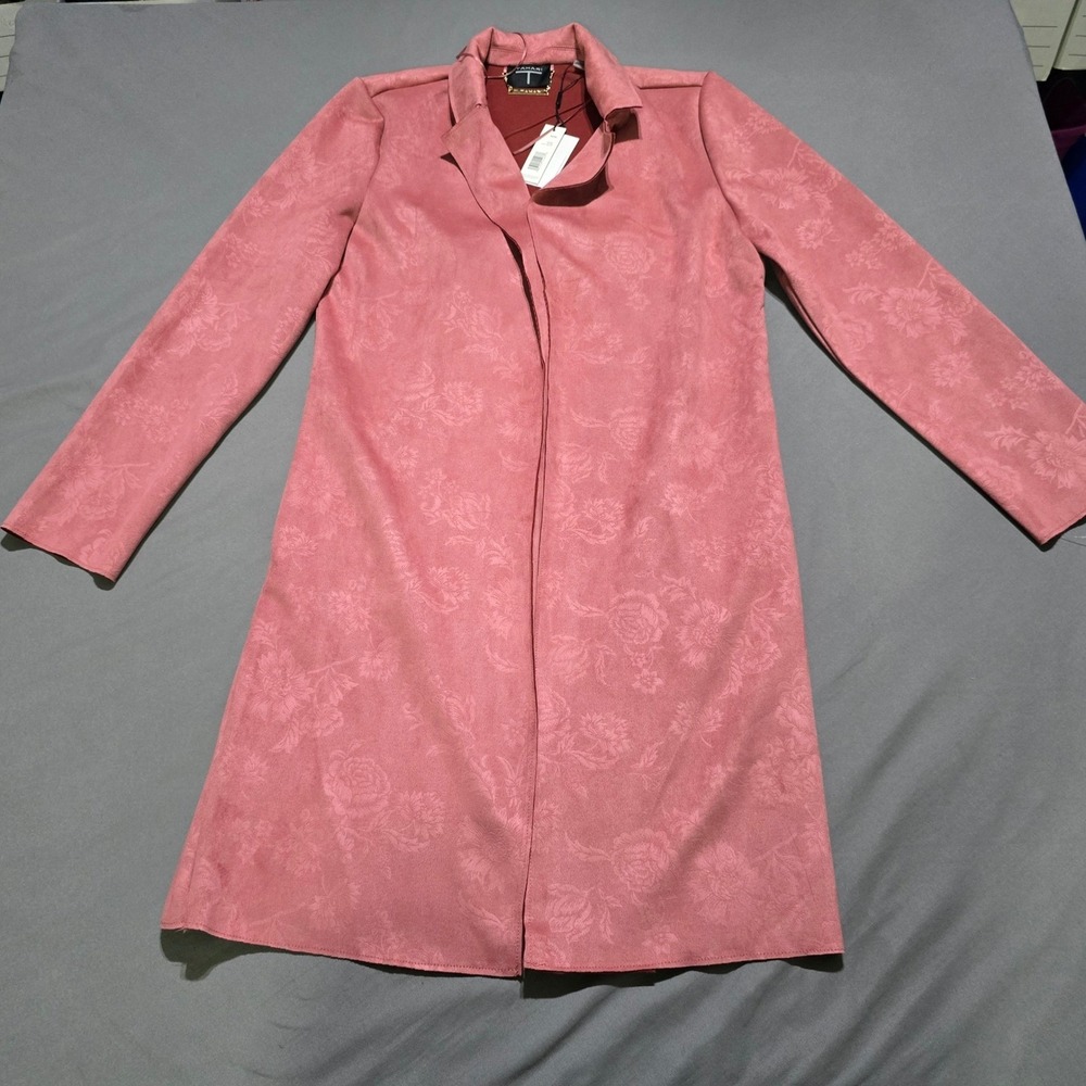 Tahari Duster Jacket Womens Medium‎ Dusty Mauve Floral Embossed Romantic